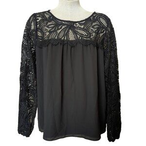 Lilly Pulitzer Keegan Long Sleeve Lace Yoke Black Top Blouse Lined Size L -lp303